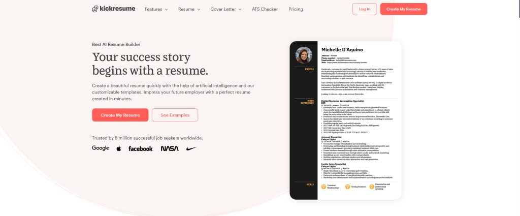 kickresume homepage screen for ai powered resumes