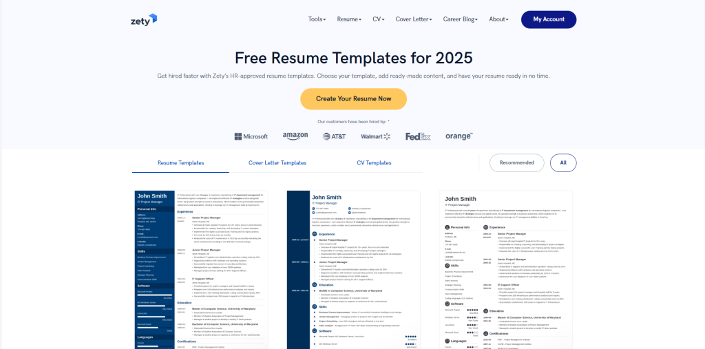 screenshot of Zety ai resume builder homepage