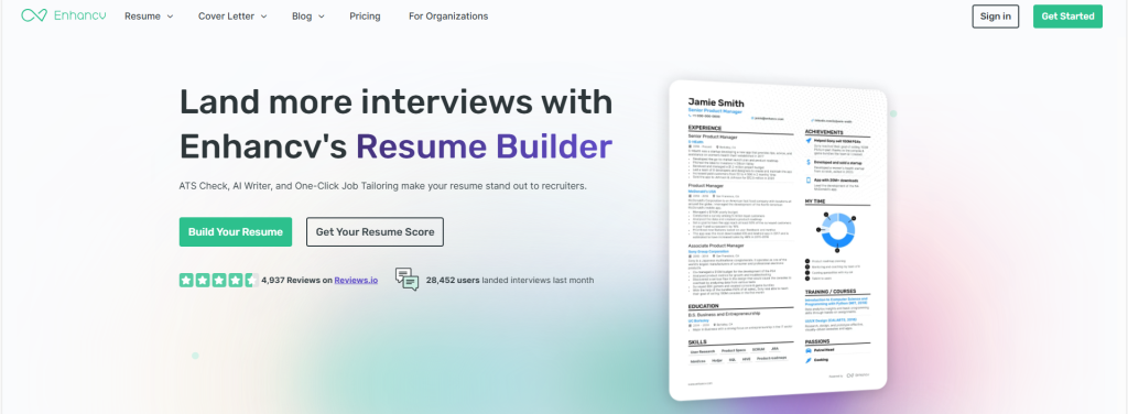 Enhancv ai powered resume builder home screen 