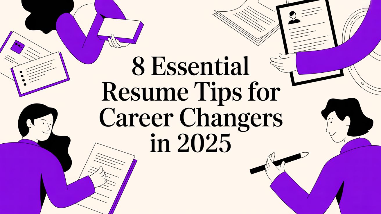Professional illustration showing key resume tips for career changers transitioning into a new industry in 2026.