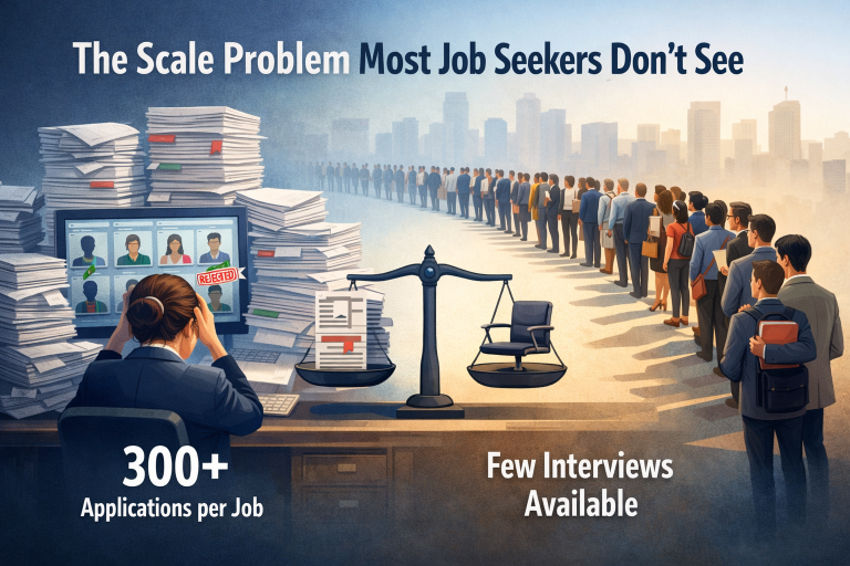 Illustration showing hundreds of job applications flowing into a hiring funnel, with only a few reaching recruiter review.
