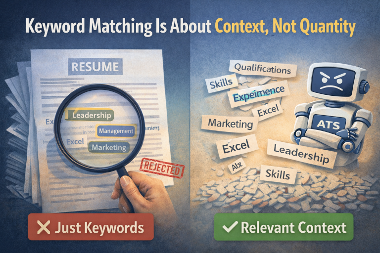 Visual showing meaningful resume keywords being recognized while random keyword stuffing is ignored by an applicant tracking system.