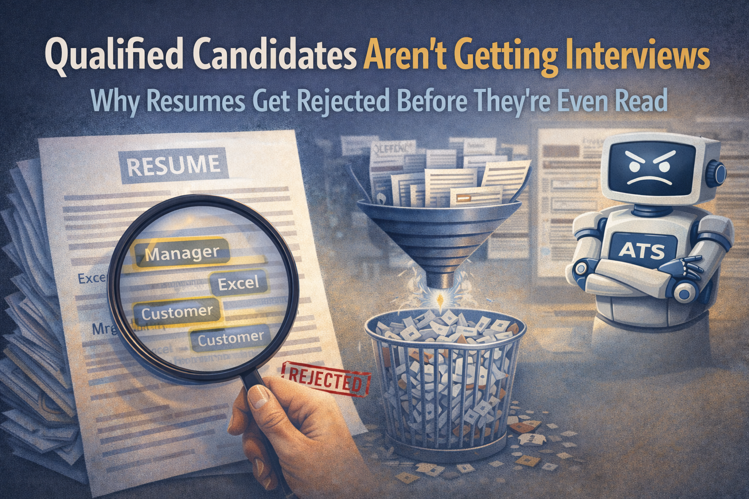Illustration showing a recruiter and an ATS system filtering resumes, with many rejected before reaching an interview.