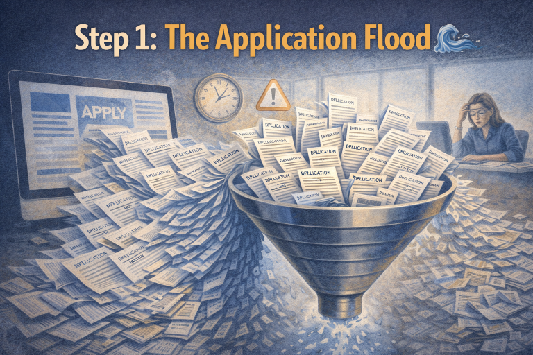 Illustration showing a qualified job seeker holding a resume while hiring filters reject applications based on fit, clarity, and perceived risk.