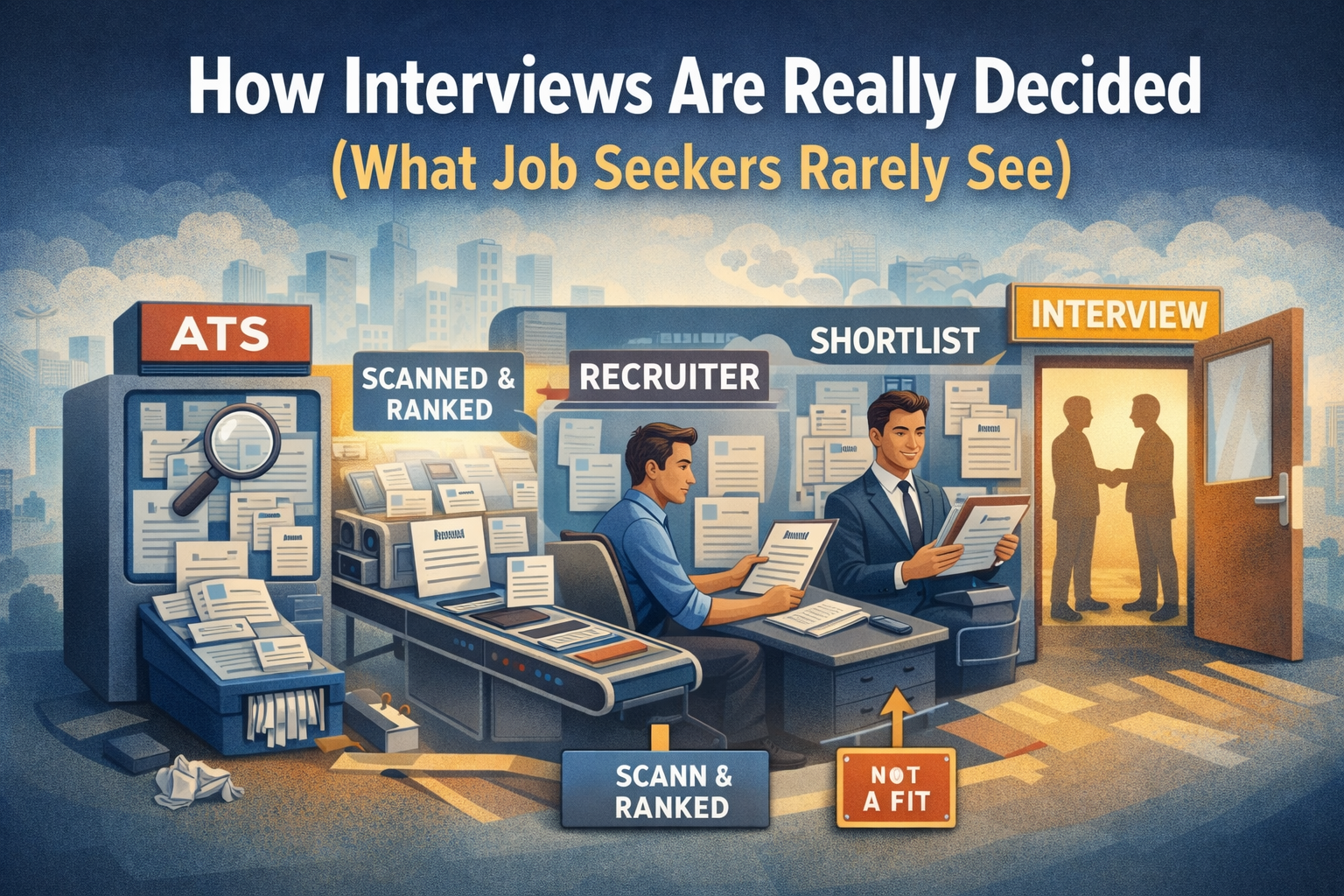 Illustration showing how interviews are decided, from ATS resume screening to recruiter review and final interview selection.
