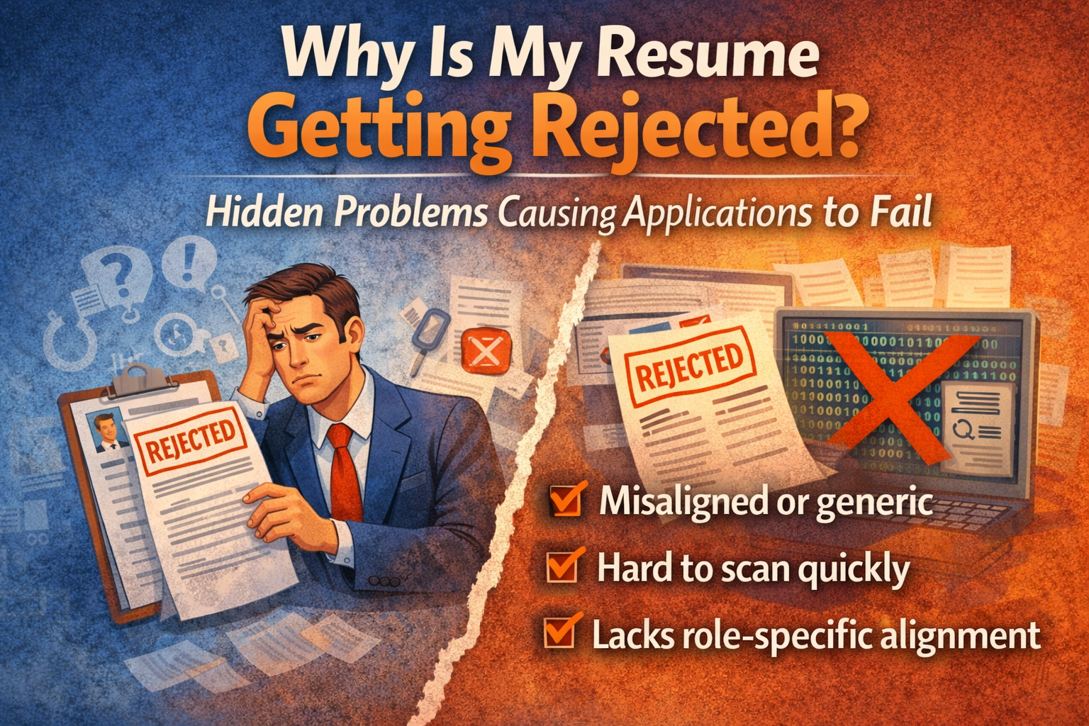 Job candidate reviewing resume after not receiving interview invitations
