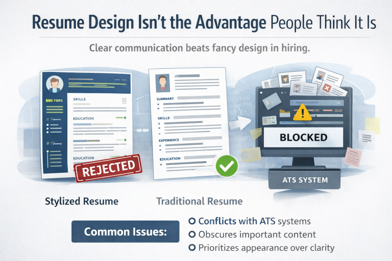 Comparison illustration showing a highly designed resume being blocked by ATS software while a simple, traditional resume passes screening