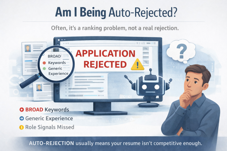 Illustration of a job seeker confused by an automated rejection message caused by broad keywords and generic resume content