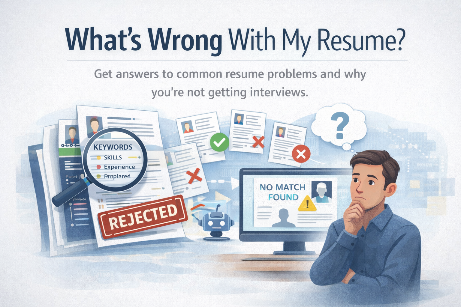 Illustration showing a job seeker confused by resume rejections, with applicant tracking systems scanning resumes for keywords and rejecting qualified candidates