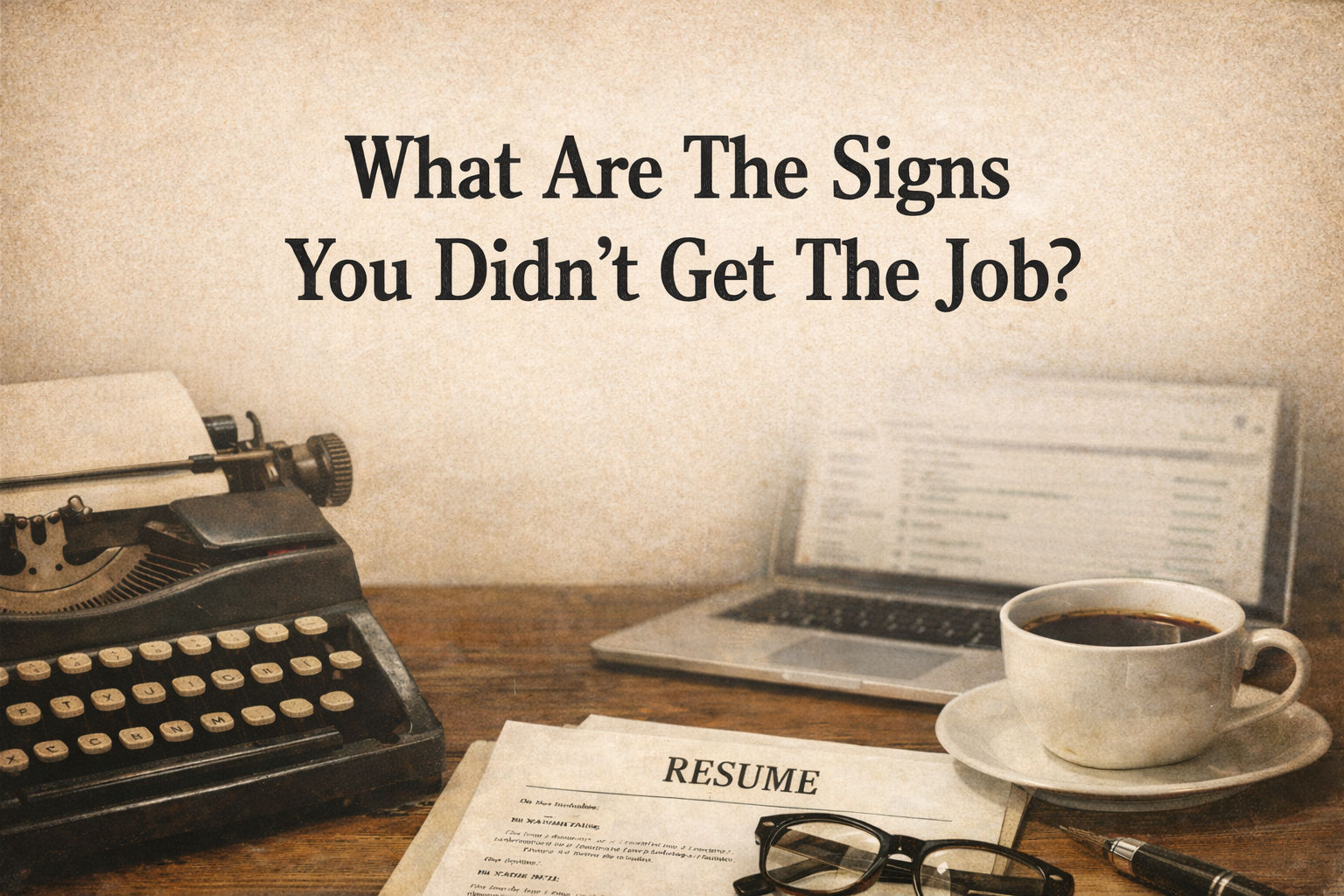 What are the signs you didn’t get the job blog header showing a resume, typewriter, coffee cup, and laptop after an interview