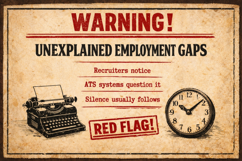 Vintage warning-style blog image highlighting unexplained employment gaps as a resume red flag noticed by recruiters and ATS systems.