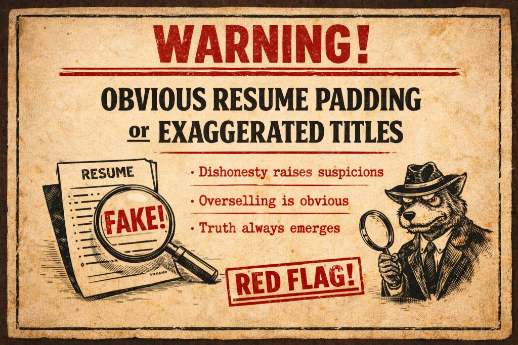 Old-school warning poster illustrating obvious resume padding and exaggerated job titles as major resume red flags.