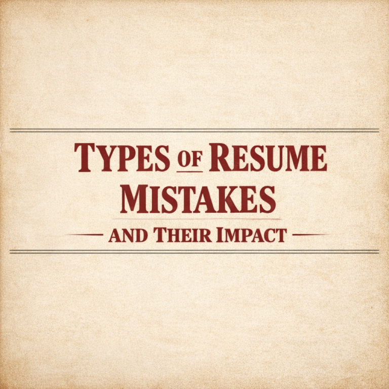 Old-school sales letter style graphic titled “Types of Resume Mistakes and Their Impact” highlighting common resume errors that reduce ATS ranking and recruiter interest.