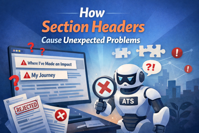 Illustration showing an ATS robot examining a resume with unconventional section headers like "Where I've Made an Impact" and "My Journey," highlighting how unusual headers can confuse parsing systems.