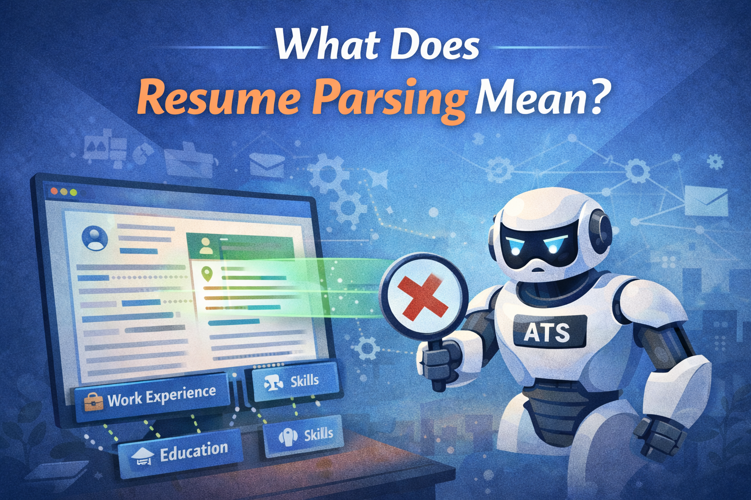 Illustration of an ATS robot scanning a digital resume on a computer screen, highlighting key sections like work experience, education, and skills, with a green progress bar showing the parsing process.