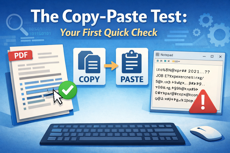 Illustration showing a resume PDF being copied and pasted into a text editor to test ATS readability, highlighting clean text versus jumbled characters.