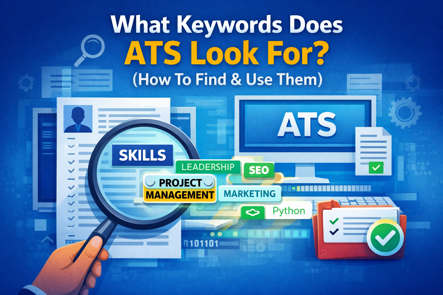 What keywords ATS looks for, showing a resume being scanned with highlighted skills and job-related keywords by an applicant tracking system