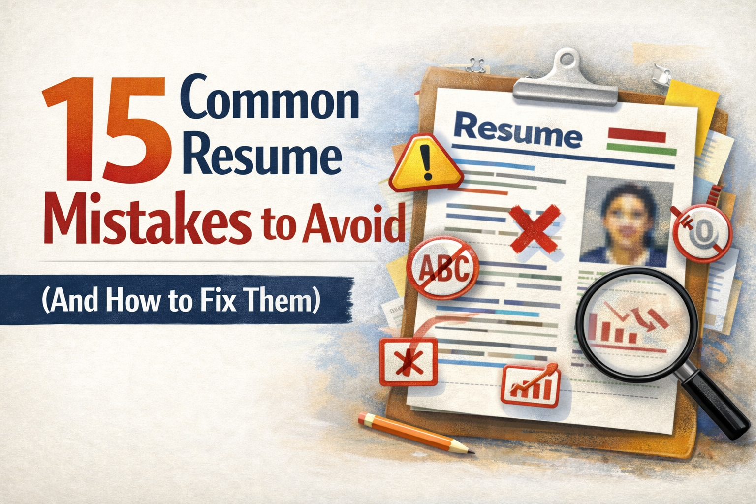 Resume with highlighted errors, warning icons, and magnifying glass representing common resume mistakes