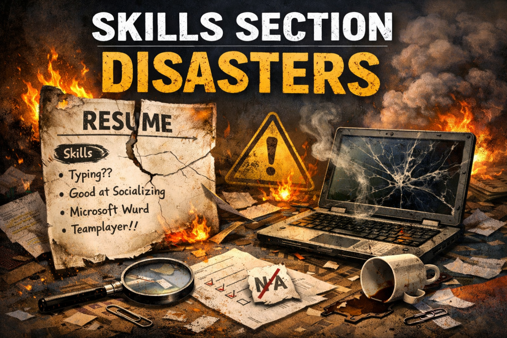 Burning resume with poorly written skills list next to cracked laptop and warning sign showing resume skills mistakes