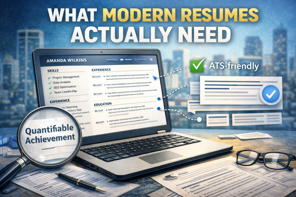 Clean modern resume layout on laptop showing skills, experience, and ATS-friendly formatting