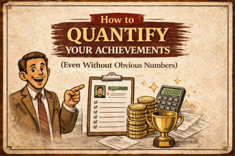 Vintage-style blog image showing a professional pointing to a checklist resume beside a calculator, coins, and trophy, representing how to quantify resume achievements without obvious metrics.