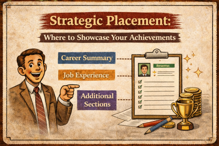 Vintage-style illustration showing a man pointing toward a resume with labeled sections including career summary, job experience, and additional sections to demonstrate where achievements should be placed.