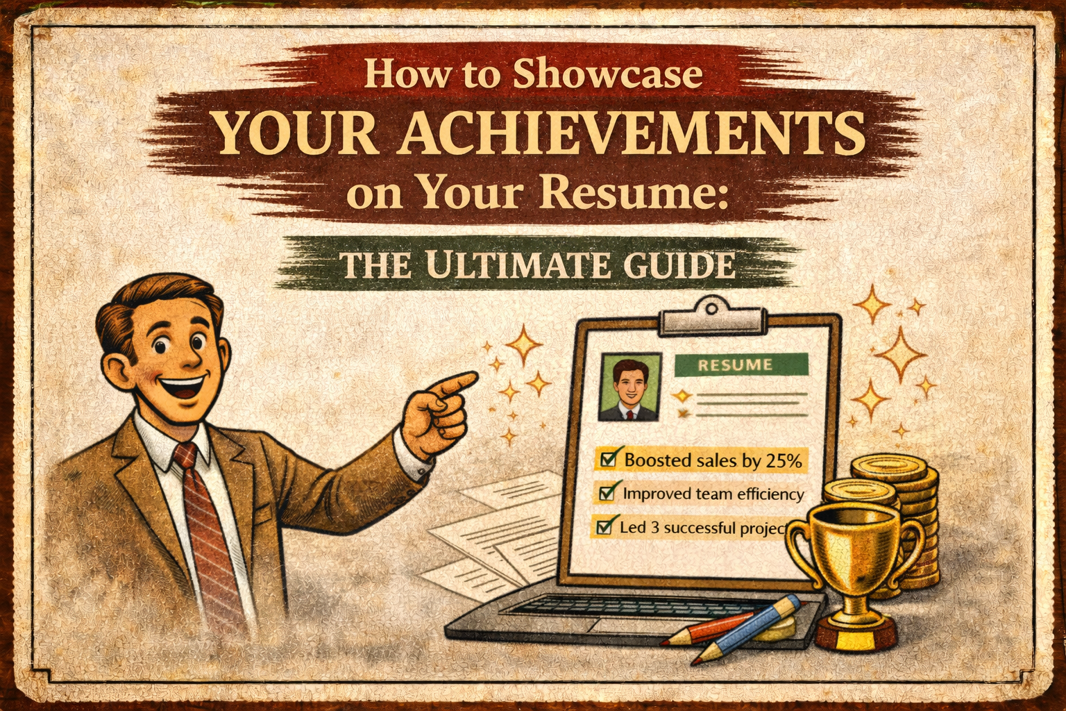 Vintage-style blog image showing a professional pointing to a resume with highlighted achievement-based bullet points, alongside a trophy and coins, representing how to showcase achievements on a resume.