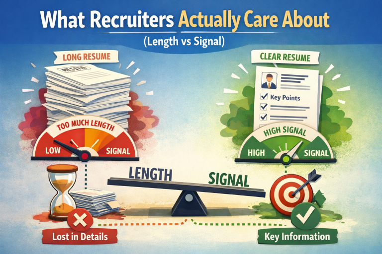 Illustration comparing a long resume with low signal versus a concise resume with high signal, showing what recruiters prioritize during resume screening.