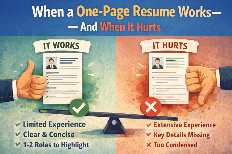Side-by-side visual showing when a one-page resume works for limited experience and when it hurts candidates with extensive experience and missing details.