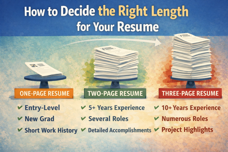 Infographic showing how to choose the right resume length based on experience level, comparing one-page, two-page, and three-plus-page resumes.