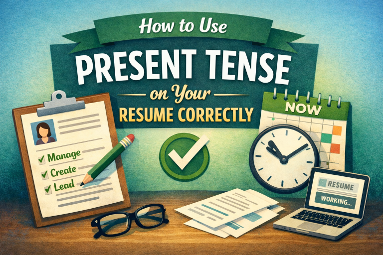 Illustration showing a resume clipboard with action verbs, a clock, and checklist demonstrating correct use of present tense on resumes.