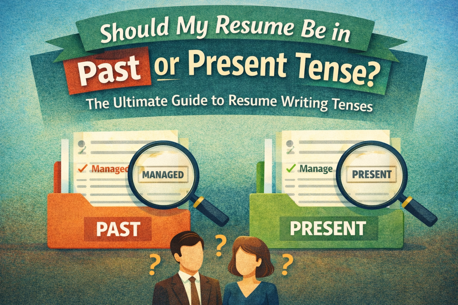 Illustration comparing past versus present tense resumes with folders, magnifying glasses, and examples of resume verbs.